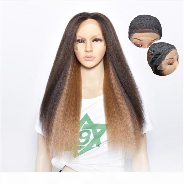 

ombre yaki synthetic lace front wigs high temperature fiber swiss lace wig kinky straight synthetic hair for american african cosplay wigs, Black;brown