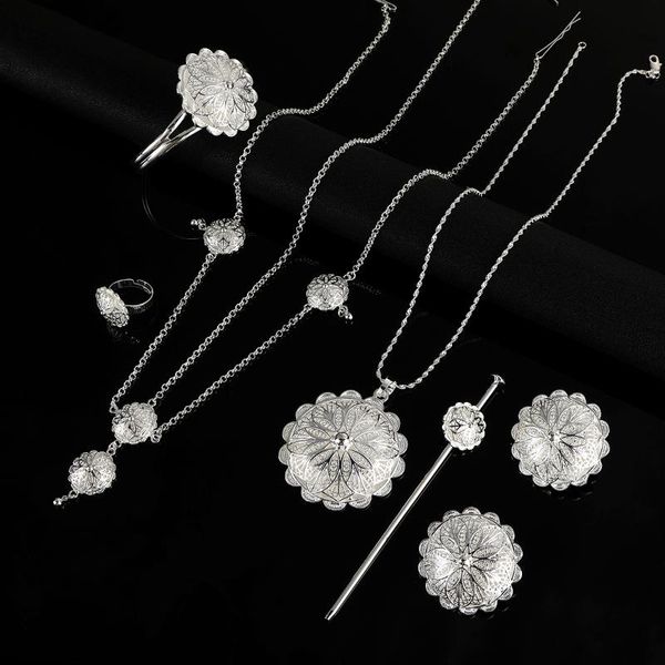 

earrings & necklace ethiopian fashion pendant bangle ring eritrea habesha women charm jewelry set, Silver