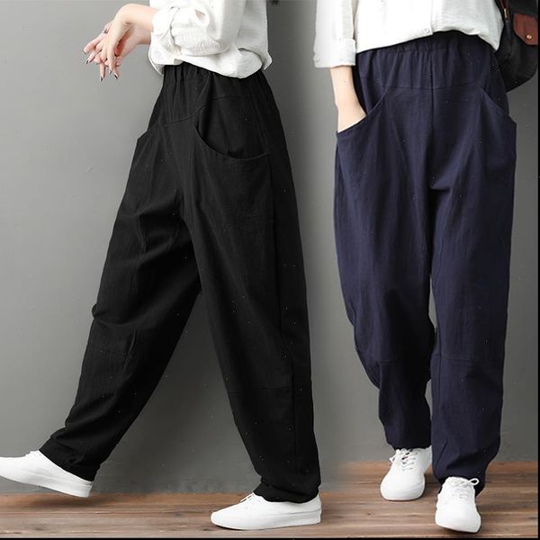 

women casual pant solid color classical vintage cotton linen comfortable elastic waist pockets loose office lady retro clothing, Black;white
