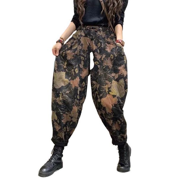 

women's jeans fairynatural british fashion 2021 cotton pantalon women flowers print pants female retro loose denim trousers casual, Blue