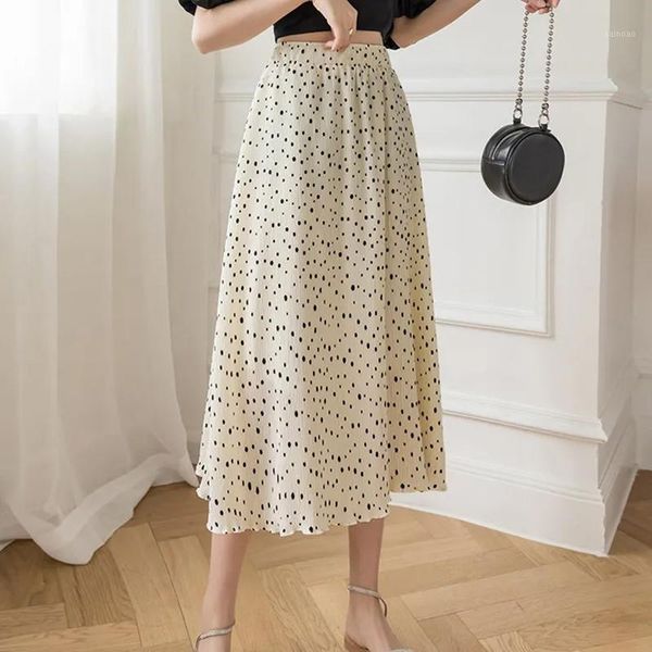 

skirts korean a-line summer dot pleated skirt women elegant sweet loose plus size ladies high waist fashion casual maxi, Black