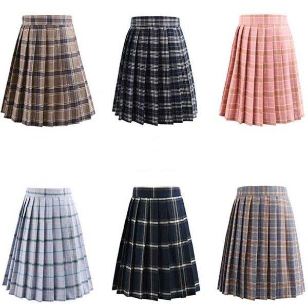 Saias Estilo Japonês Plissado Curto Saia Verão Preppy A-Line Xadrez Mulher Solid School Girls Mini