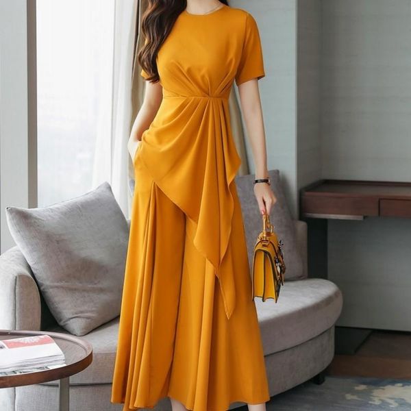 

two piece dress 2021 outfits women fashion solid short sleeve loose straight wide leg pants for female elegant slim lady sets, White