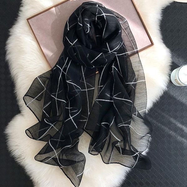 

scarves silk blended scarf female korean lattice sunscreen beach towel in summer,silver air conditioning shawl with long, Blue;gray
