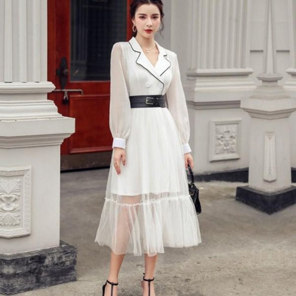 

casual dresses 021 autumn winter patchwork eegant dress women v neck mesh long swing vestido belt, Black;gray