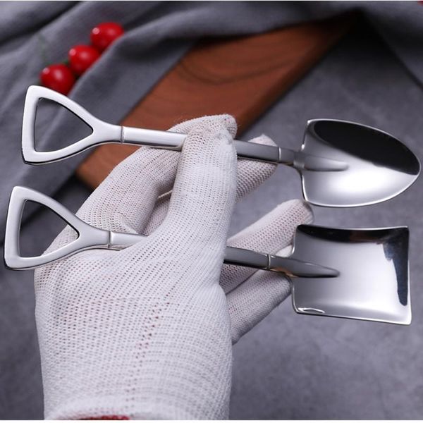 

spoons 2pcs/set stainless steel iron shovel spoon coffee ice cream engineering retro cute square head kitchen gadget