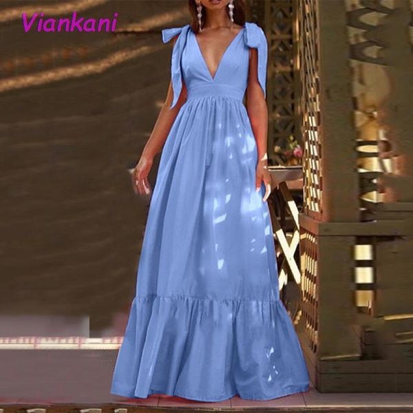 

casual dresses 3 colors summer sleeveless party pleated dress 2021 deep v neck maxi bohemian vestidos femme long robe, Black;gray