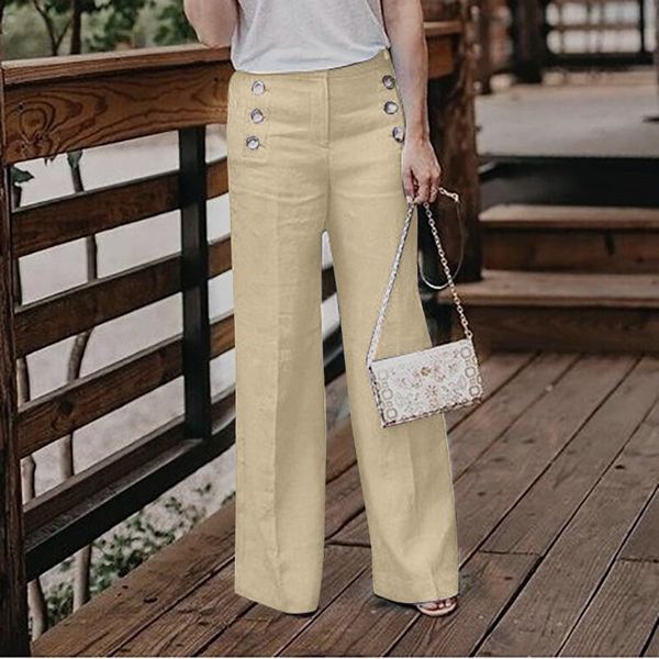 

pants women wide leg pants solid color buttons high waist wide leg women cotton long trousers all-match loose pants#p3, Black;white