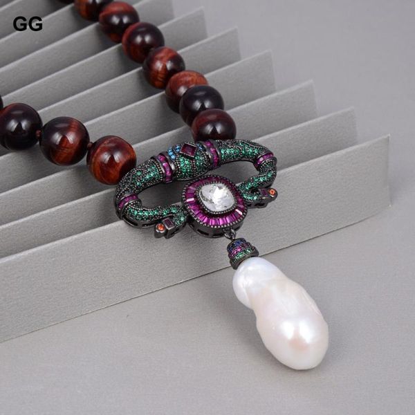 

chains guaiguai jewelry 18" 12mm red brown tiger eye round necklace white keshi pearl cz pave gunmetal pendant for women, Silver