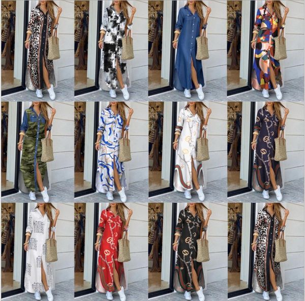 

2021 women turn-down collar shirt long dress summer button chain print dress casual long sleeve beach maxi dress vestido, Black;gray
