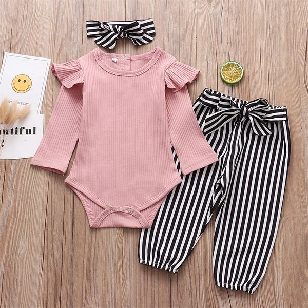 Abbigliamento per neonate 2021 Primavera Autunno Moda Pantaloni pagliaccetto rosa Fascia per capelli 3 pezzi Set Abbigliamento per neonati Vestito per bambina 210317