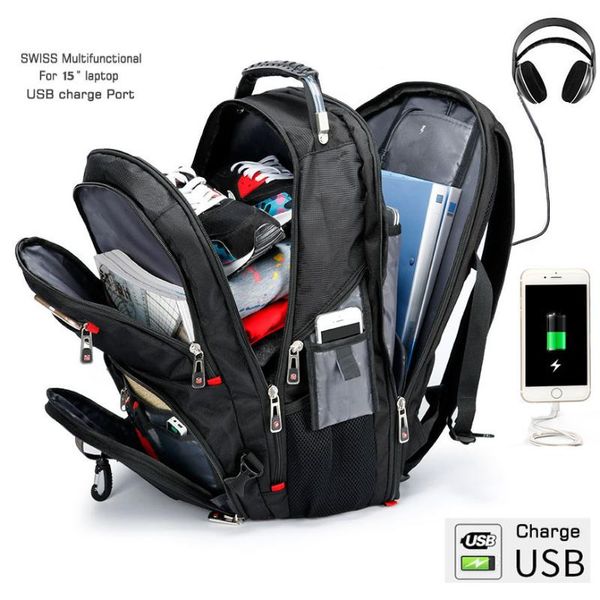 

17" lapbackpack men waterproof usb charge swiss multifunctional rucksacks schoolbag mochila hiking travel bag sac a dos