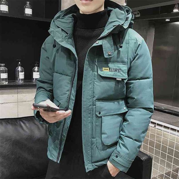 

winter men parka big pockets casual jacket hooded solid color 5 colors thicken and warm hooded outwear coat size 5xl 210910, Black