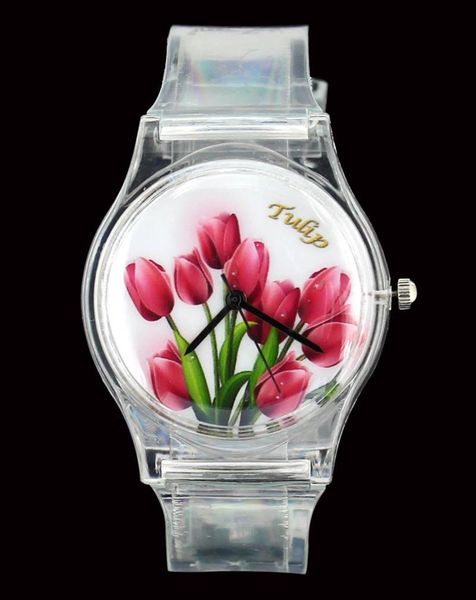 

wristwatches rose flower / tulip butterfly women ladies watches colorful color transparent band casual sport quartz wrist watch, Slivery;brown