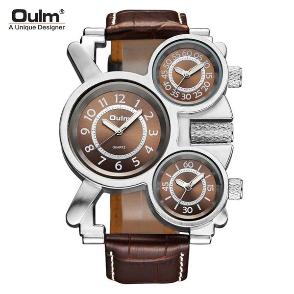 

wristwatches oulm multi time zone quartz outdoor wristwatch for man genuine leather creative original design relogio masculino, Slivery;brown
