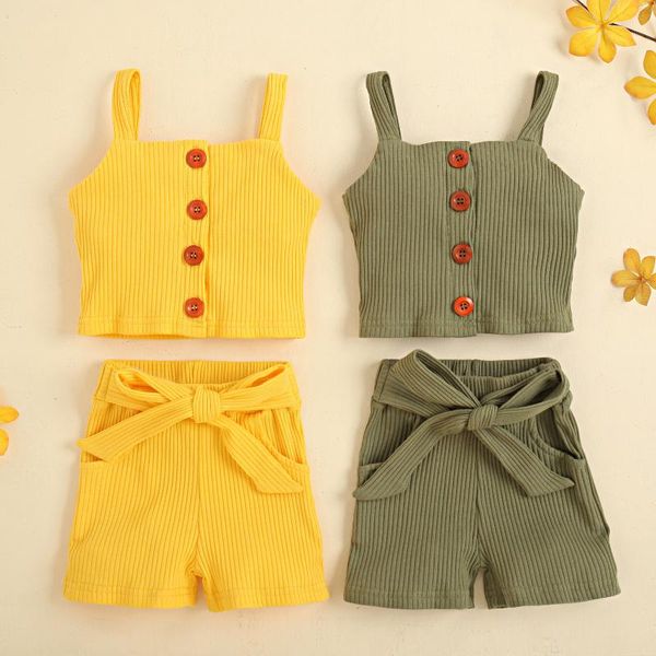 

clothing sets #vw girls solid born infant baby suspender button ribbed t-shirt + belt short summer casual, White