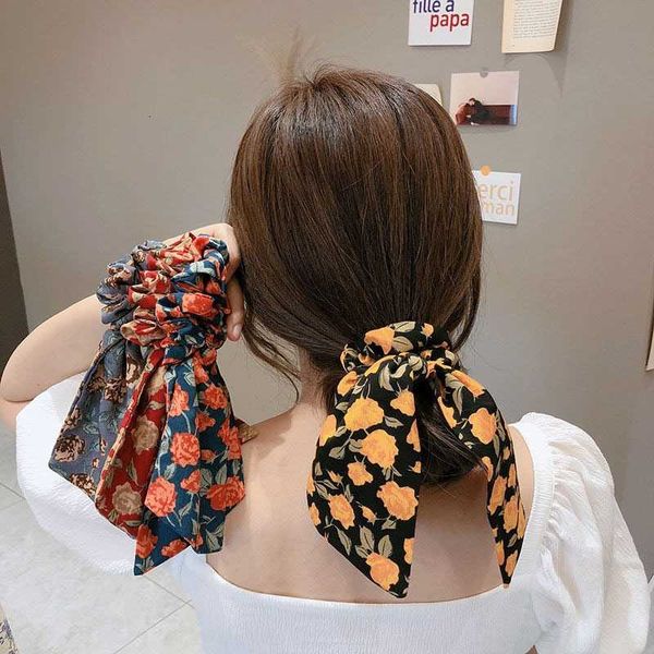 

j4byh south korea dongdamen broken flower bow long net red butterfly rope ropetemperament rope hair ring tied horsetail large intestine ring, Pink