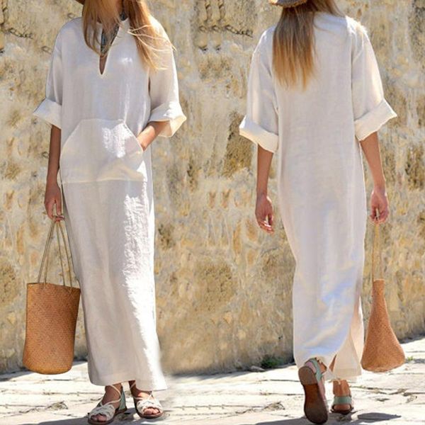 

casual dresses simple loose plus size maxi white solid color women v neck split side long cotton dress female boho robe vestidos, Black;gray