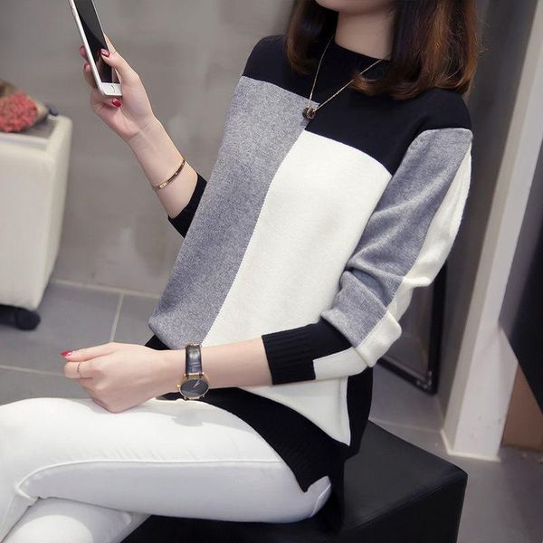 

large size women's sweater 2021 spring autumn new splice color block pullover female bottoming shirt casual knitwear, White;black