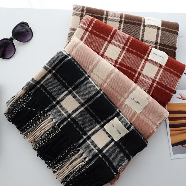 

hats, scarves & gloves sets 2021 plaid scarf women's autumn and winter fringe imitation cashmere warm shawl hundred with students, Blue;gray