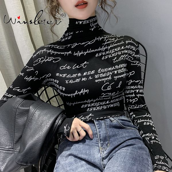 

vintage print letters doodle t-shirt women turtleneck long sleeve slim stretchy tee casual women clothing spring t01407b 210302, White
