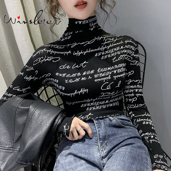 Винтажные печати Топы буквы Doodle Футболка Женщины Turtleneck с длинным рукавом Тонкие растягивающие TEE вскользь женские одежда весна T01407B 210302