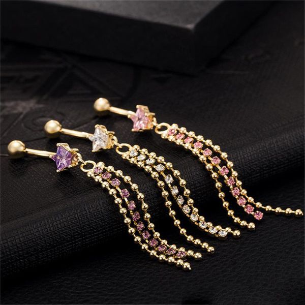 

summer style healthy belly ring dangle belly rings star long tassels belly button rings crystal navel dancing women piercing body jewelry, Silver