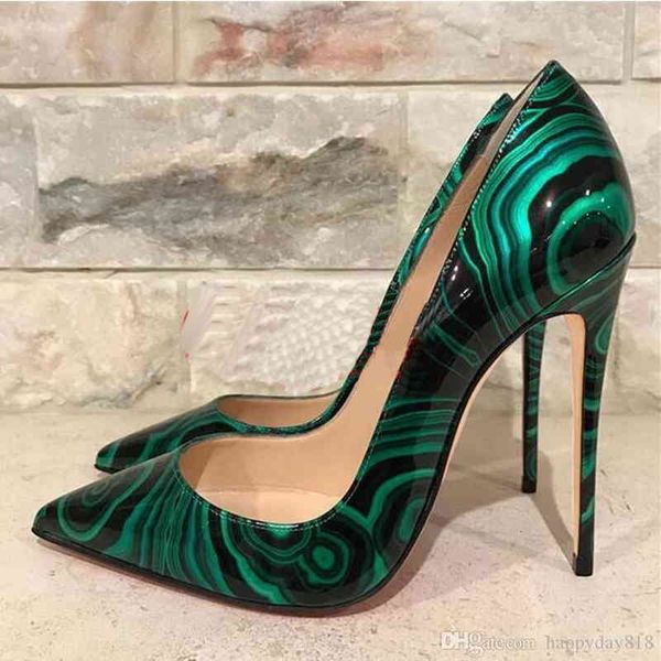 

women pumps fashion green black malachite patent high heels shoes boots shiny leather 120mm graffiti genuine leather women dress shoes box