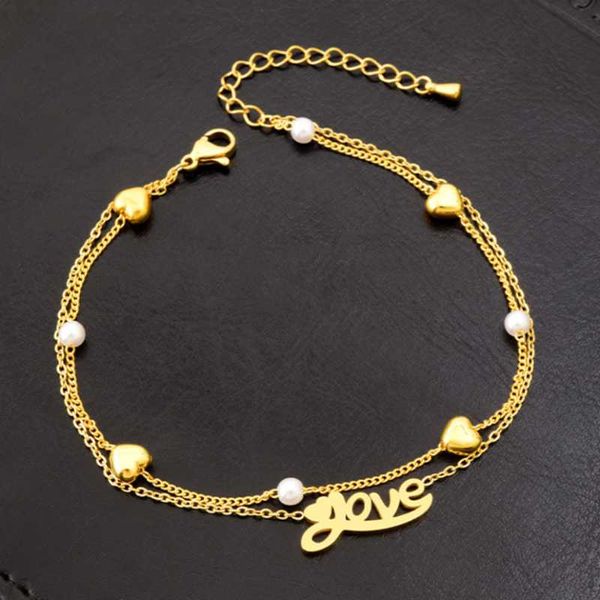 

anklets 316l stainless steel fashion high-end jewelry love heart shape 2 layer pearl beaded charm chain foot anklet for women gifts, Red;blue