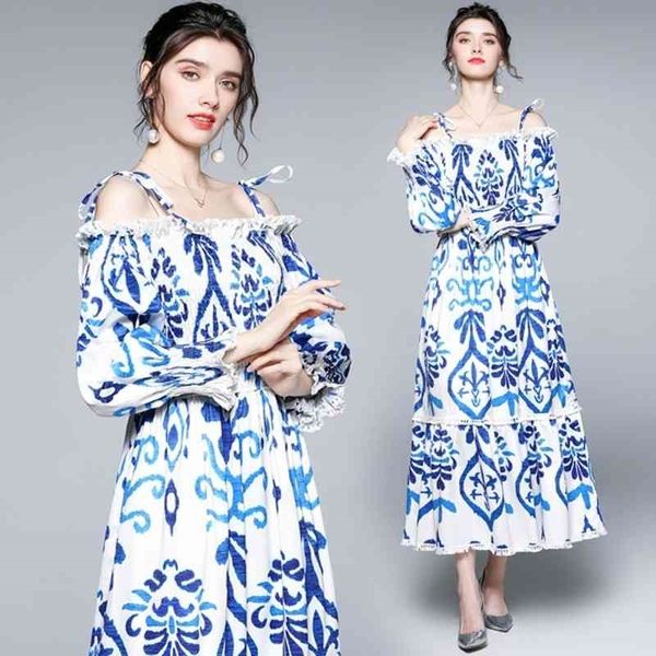 

summer women strapless long lantern sleeve party dress runway slash neck printed maxi 210531, Black;gray