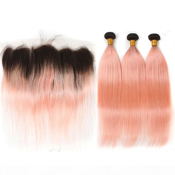 

ombre rose pink gold peruvian human hair 3bundles with frontal closure 4pcs lot straight #1b pink ombre weave wefts with lace frontal 13x4, Black