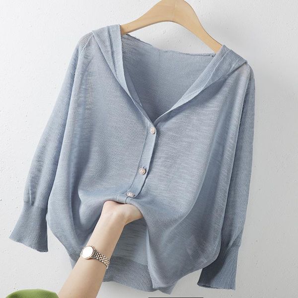 

women's knits & tees hooded lightweight solid blue women sweater cardigan autumn 2021 v-neck loose batwing sleeve elegant female outwea, White