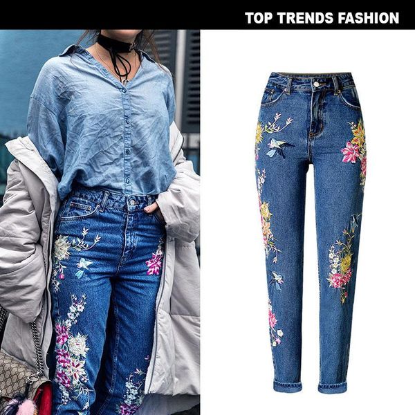 

women's jeans european and american fashion small bird flower front back embroidery high-rise slim-fit straight-leg, Blue