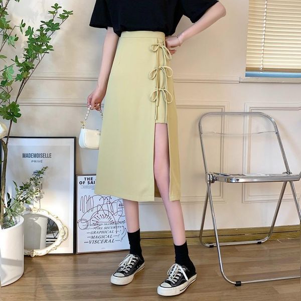 

skirts korobov korean office lady women vintage solid eleagnt lacing bow faldas mujer 2021 summer high waist a-line skirt, Black