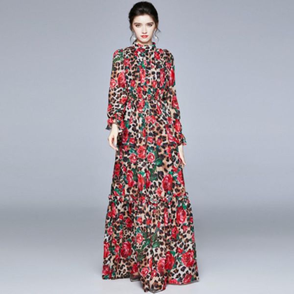 

casual dresses runway fashion ladys vacation maxi women's long sleeve leopard rose floral print elastic waist holiday dress, Black;gray