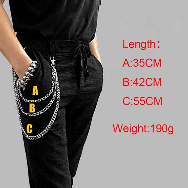 3 Schichten Edelstahl Männer Hosen Hose Brieftasche Gürtel Kette Ring Kette Punk Haken Silber Schlüsselanhänger Herren Drei Stränge Schmuck G1026