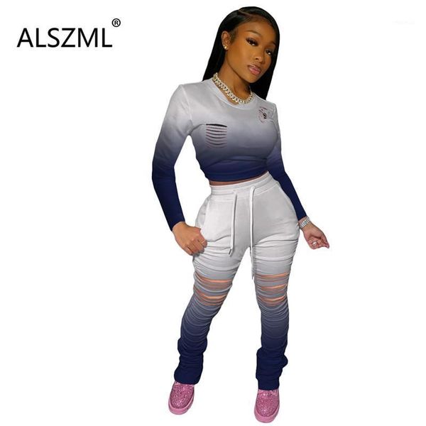 

women's tracksuits 2021 women fashion gradient hole long sleeve crop and tight leggings 2 pieces set high street lady, Gray