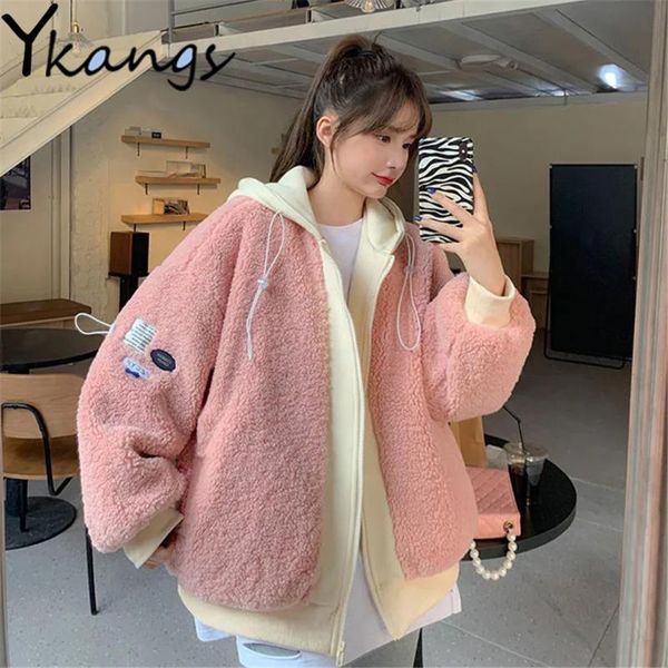 

women's fur & faux korean style oversized pink coat harajuku sweet imitation lamb wool women parka autumn winter warm kawaii student ho, Black