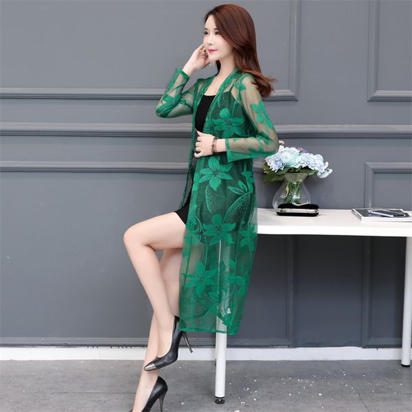 

summer lace cardigan women shawl hollow out sun protection clothing plus size vintage thin ladies jacket fashion long black coat anp0, Black;brown