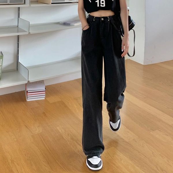 

women's jeans woman high waist bottom clothes wide leg denim clothing black streetwear vintage quality 2021 fashion the pants, Blue
