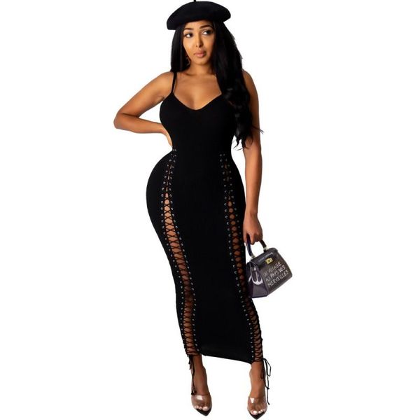 

casual dresses lace up hollow patchwork long for women sleeveless v neck skinny pencil dress 2021 nightclub wear vestidos robe, Black;gray