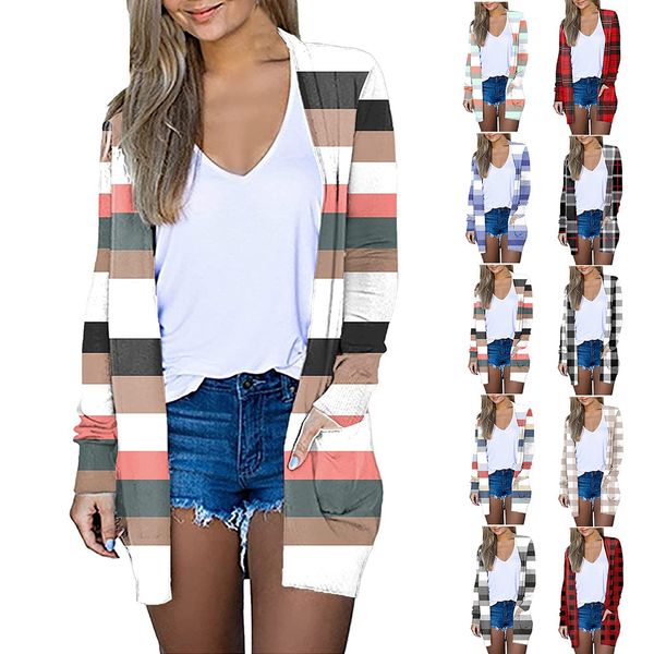 

2021 autumn versatile stripe plaid long sleeved cardigan et women, White