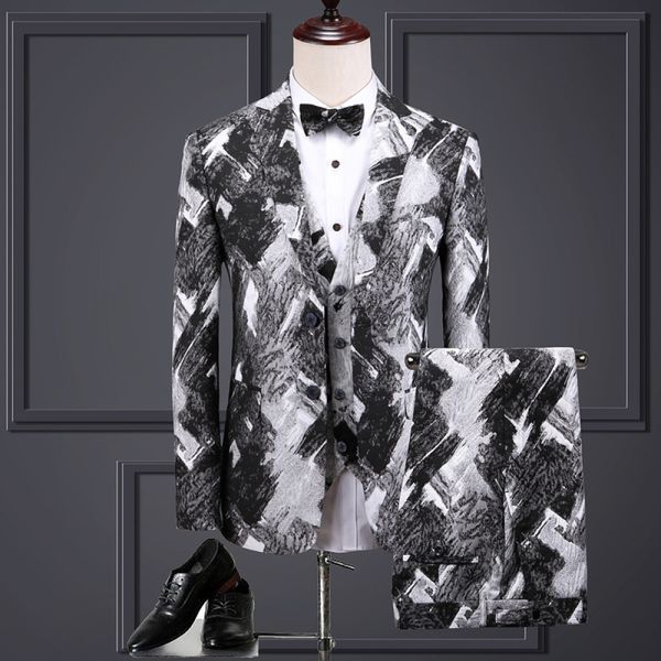 

personality printing large size mens business social british suit pieces groomsman wedding banquet set qdq4, White;black
