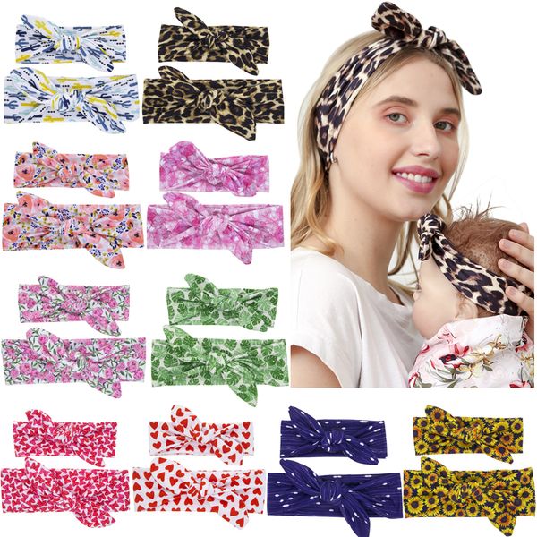 Mama Baby Blumenhäschen Stirnbänder Mutter Tochter Haarbänder 2 stücke Set Mädchen Knoten Haarband Kaninchen Ohr Leopard DIY Haarschmuck Kha81