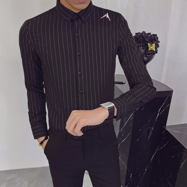 

black striped male shirt fine suit long sleeve streetwear social blouse homme trademark of clohhes men ieyx, White;black
