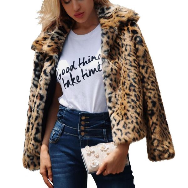 

ladies leopard faux fur coats women lapel long sleeve plush jacket winter turn-down collar coat women stylish faux fur, Black