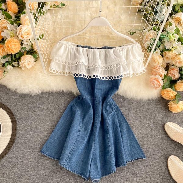 

women's jumpsuits & rompers fmfssom summer spring playsuits denim ruffles vintage off shoulder slim women female slash neck, Black;white