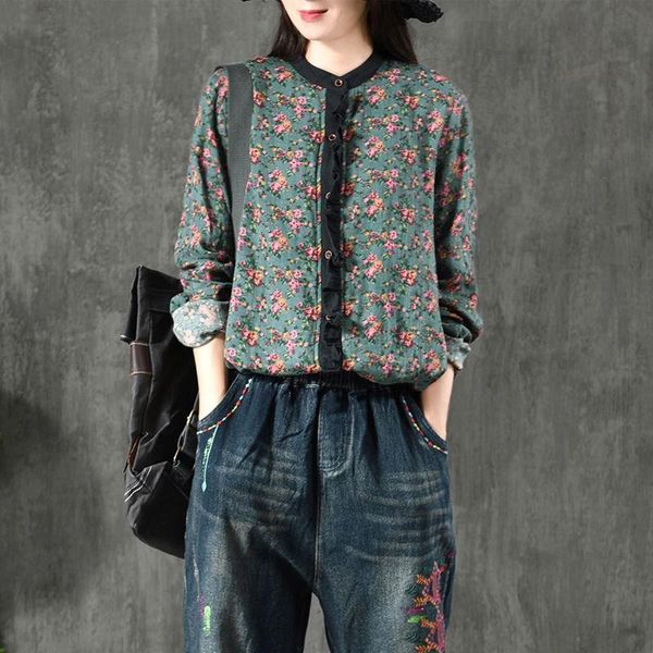 

autumn arts style women long sleeve stand collar cotton linen blouse loose casual all-matched vintga floral print shirt a70, White