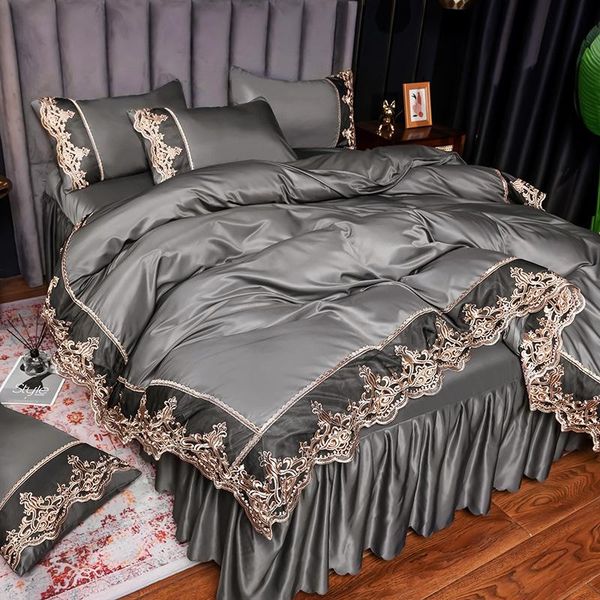 

bedding sets simple embroidery set 4 pcs solid color double skirt bed linen luxury bedspread ropa de cama twin comforter