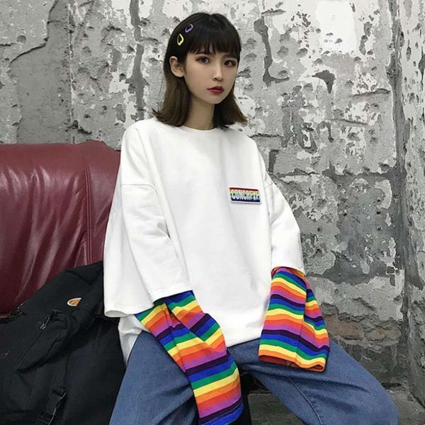 

women's fashion sweater spring and autumn thin loose bf elegant rainbow stripe stitching fake two long sleeve t-shirt, Black